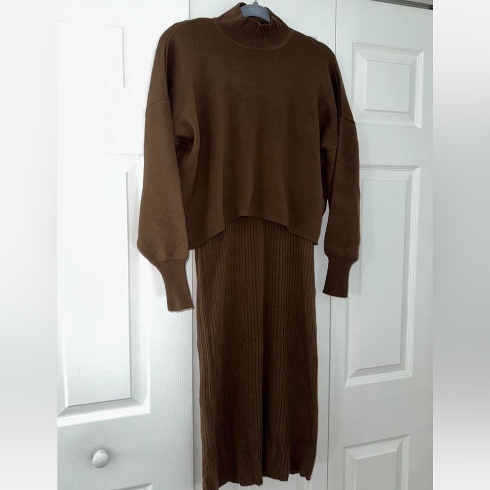 NWOT Brown Mock Neck Midi Sweater Dress